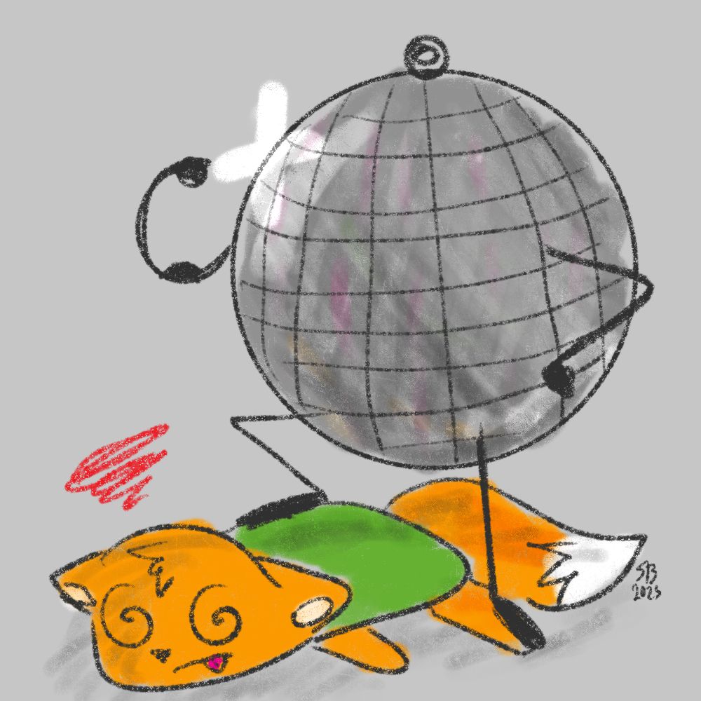 Digital art of a disco ball defeating a fox