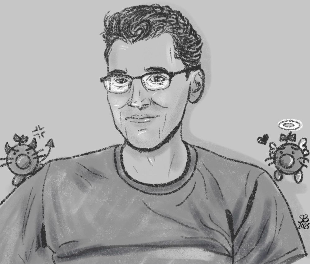 Digital art of a man with two Mr Saturns on his shoulders 