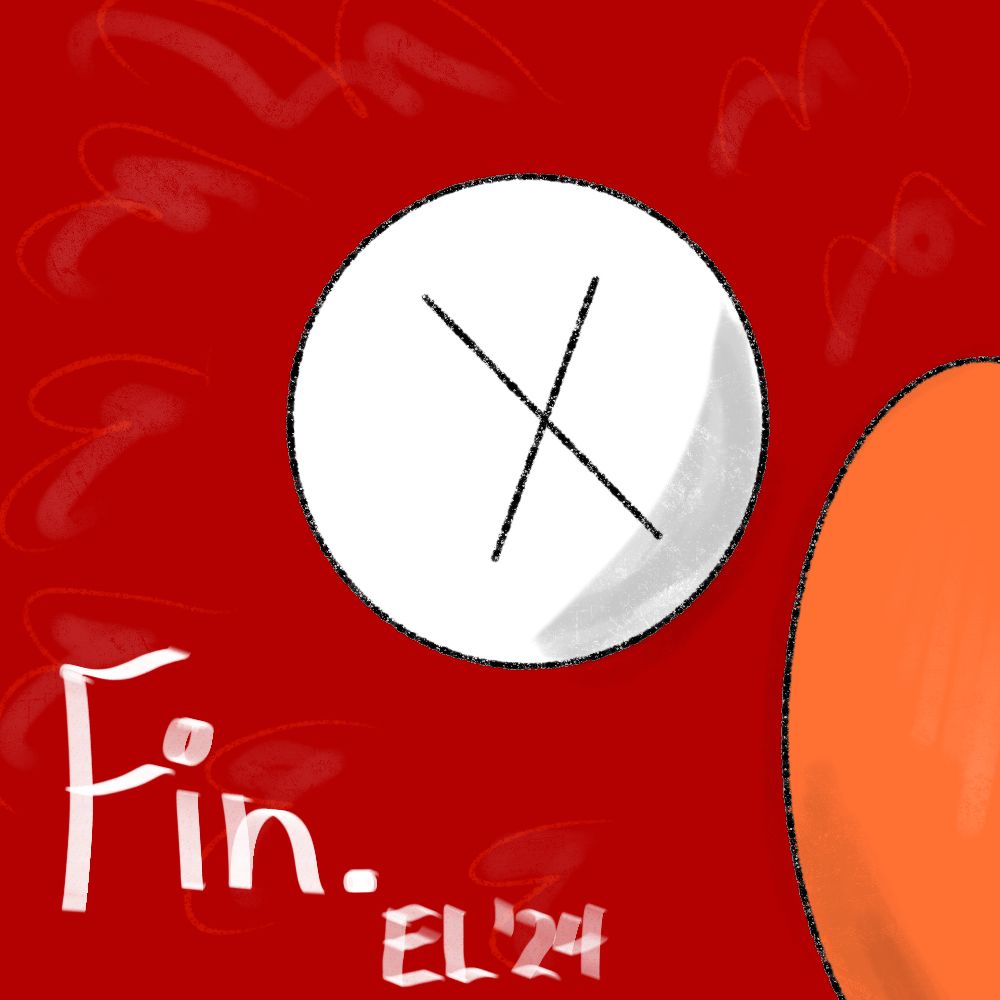 Close up of the dead Elmo plush’s eye and nose in an abstract form and the text “Fin”.