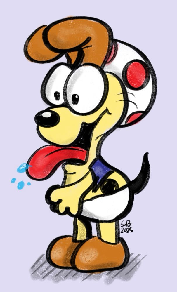 Digital art of odie from Garfield dressed as toad from Mario 