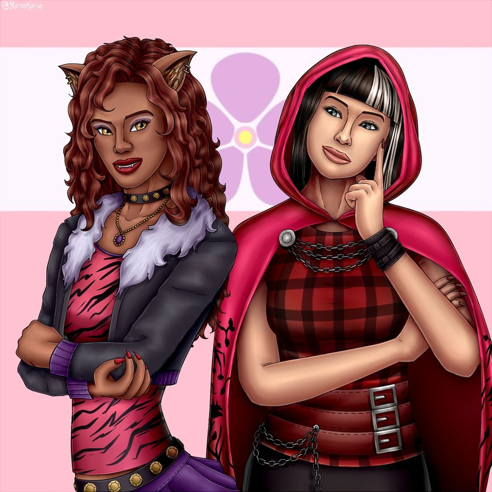 Desenho de Clawdeen Wolf (g1) de Monster High ao lado de Cerise Hood de Ever After High. Clawdeen é uma lobisomen e Cerise é uma gatora de capuz vermelho, como a chapeuzinho. Ambas estão se olhando em frente a bandeira sáfica.