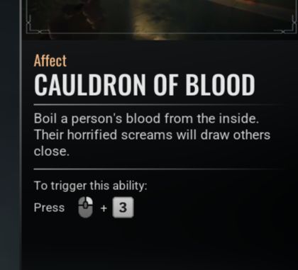 Vampire Bloodlines 2 Tremere skill "Cauldron of Blood"
-"Boil a person's blood from the inside. Their horrified screams will draw others close."