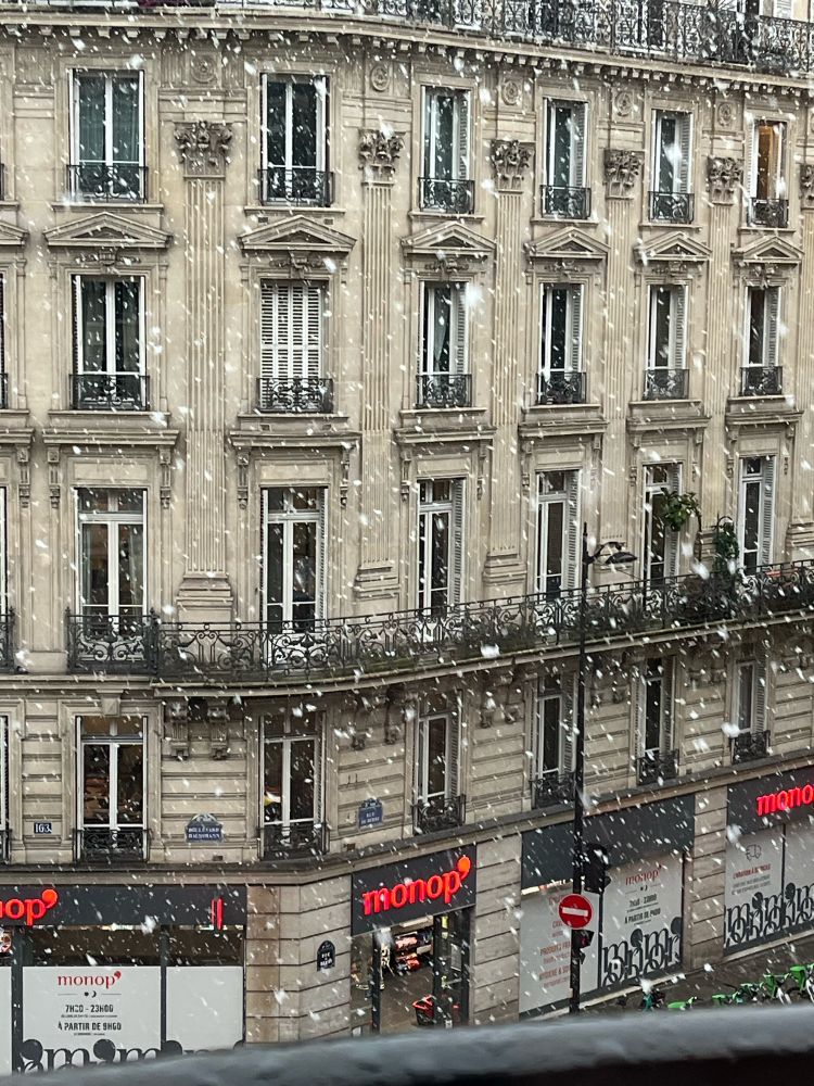 Photo prise depuis une fenêtre d’un immeuble Haussmannien avec la neige qui tombe
