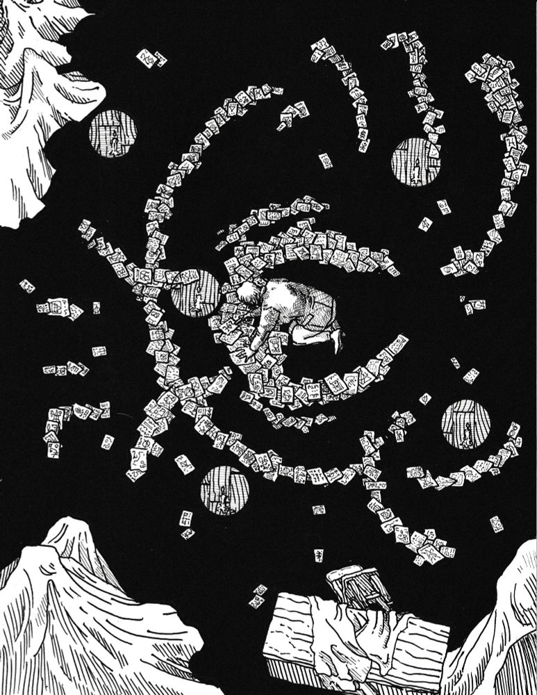 A lone researcher scrawls equations and theories on loose parchments, scattered about their dark floor. The low candlelight illuminates a fact to which they are unaware: the papers have been shaped into the symbol of a god