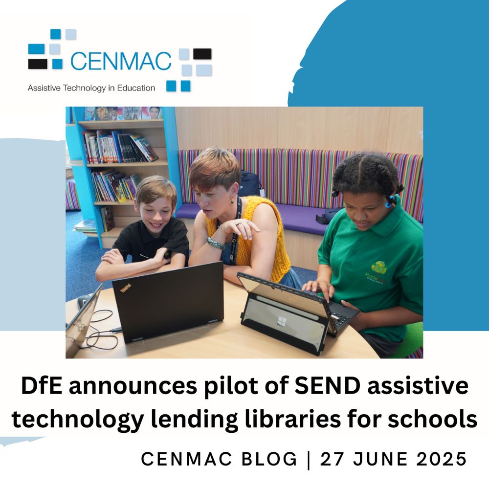 DfE announces pilot of SEND assistive technology lending libraries for schools.
Image of pupils at Middle Park Primary with CENMAC Advisory Teacher Carly Adkinson