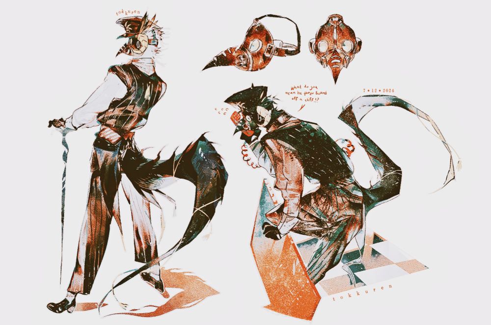 Venomshank standing with poise with a swirled cane. 

Venomshank on the other says: "What do you mean he threw Sword off a cliff.!?” looking out

more venomshank masks. boo! 