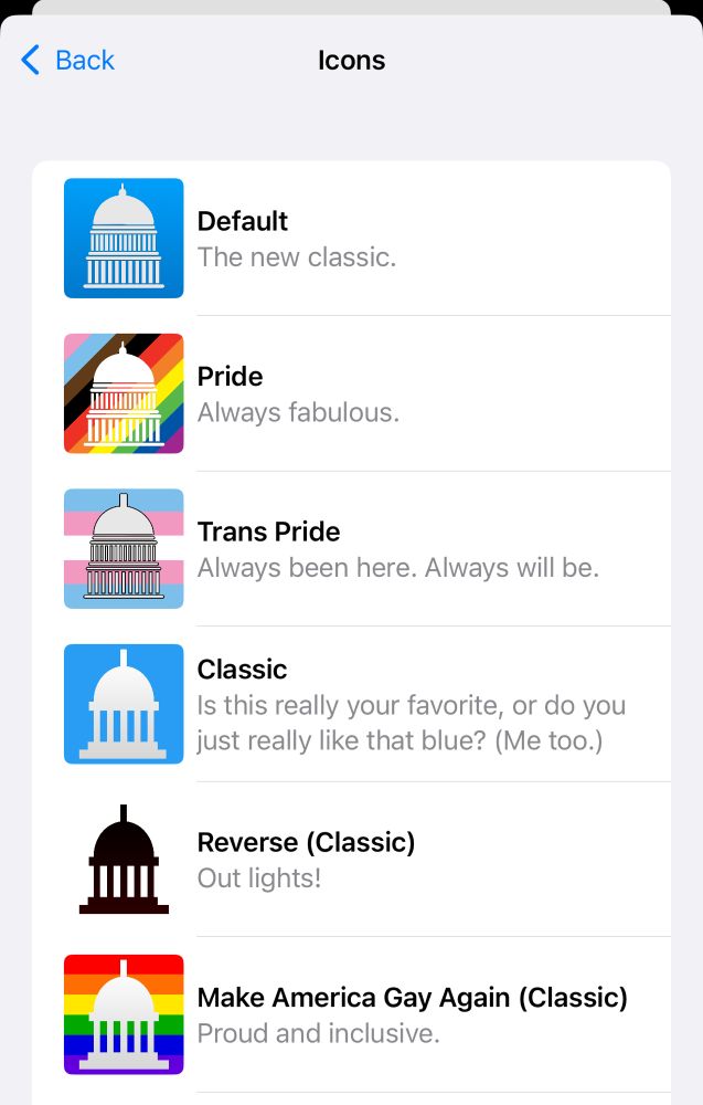 The icons screen from PolitiCall showing three Pride-focused icons.
