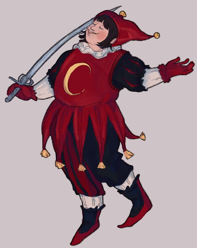 Drawing of a light-skinned, chubby man in a black and red jester's garb. He is carrying a rapier over his shoulder. He has a black bob haircut under his jester's cap and a pencil moustach. His expression is content and smug. He is in the pose of the Fool tarot card.
