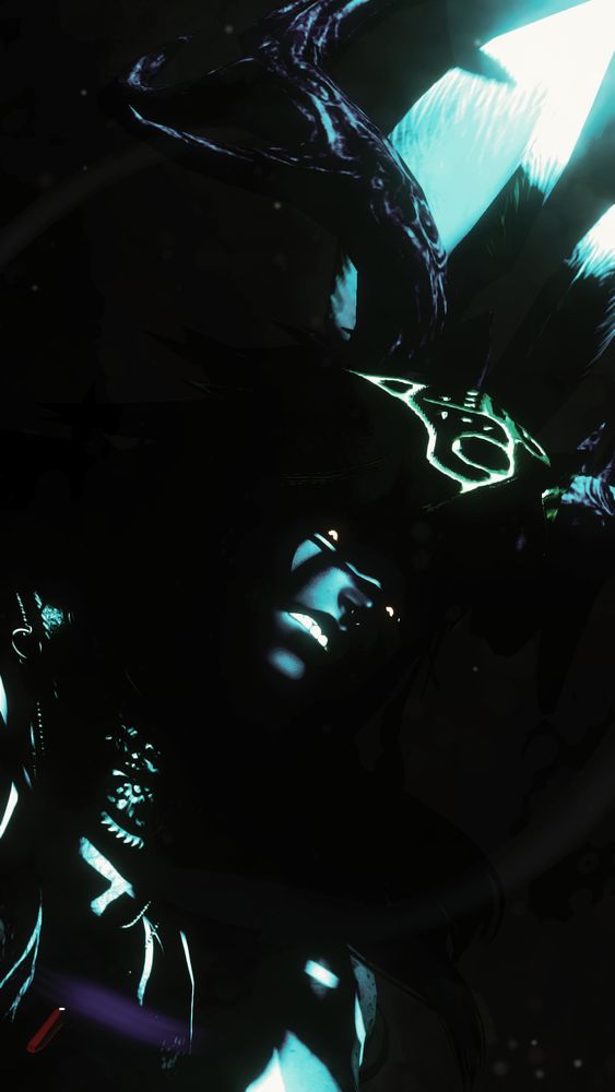A darkened form of Baldr reels away from the viewer. His teeth are widely barred and his eyes focus in a threatening manner. He is again wearing the gold adorned wolf visage and his streaking tattoos glow in the dark blue light. 