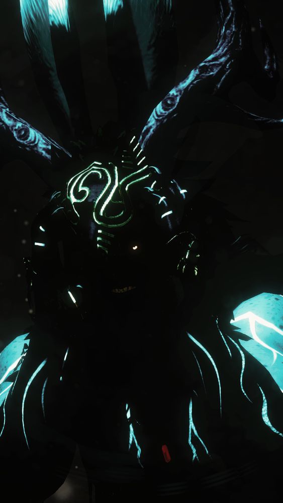 A darkened form of Baldr clutches his head. He is snarling and one piercing eye glows from beneath the gold adorned wolf visage of a mask that he is wearing. His streaking tattoos glow in the dark blue light. 