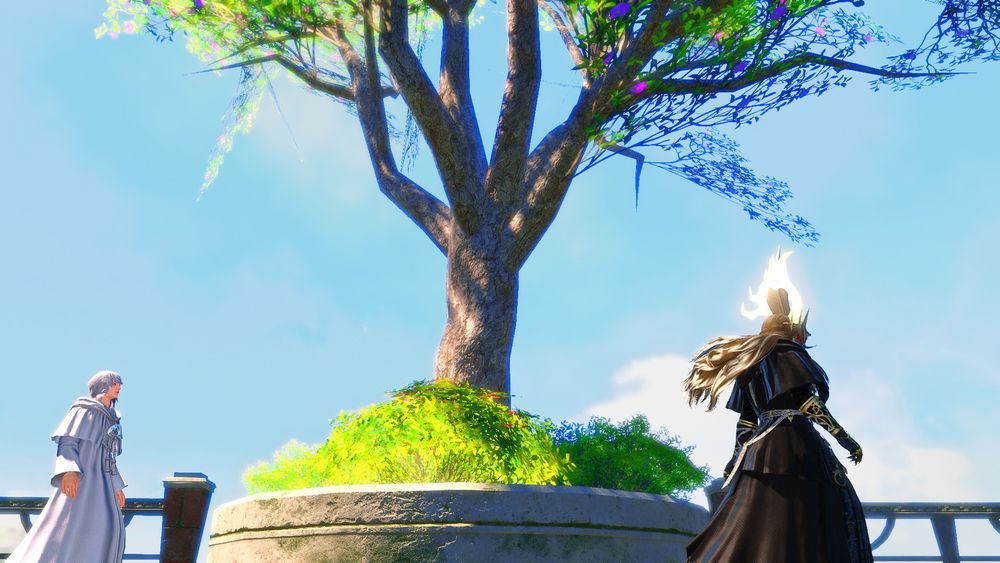 A tall blooming tree with green bushes and leaves and small pink flowers sits in a concrete base at the middle of the image with a blue sky behind it. Two people stand at either side of it. To the left is Themis (Elidibus), in his white robes with a non-descript Amaurotine mask. He is looking up to the figure ahead of him. 

Baldr (Nabrials), Themis' father walks ahead of him. He is dressed in black robes, the robes bracers are adorned with a golden pattern. His gold and white hair flows behind him in the breeze and his tall antlers have a sunlit glow to them. 