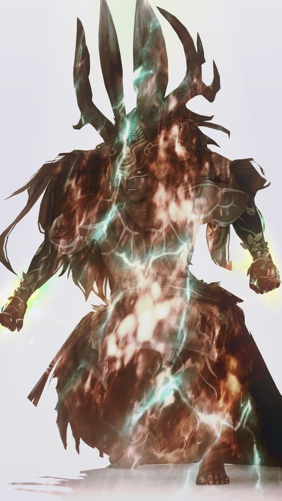 Baldr coils, posing to launch into an attack with teeth bared. Orange flames sparking with cracks of green lightning surge through him. He is wearing a black mask in a wolfish visage. The mask has lines of gold and dots between them