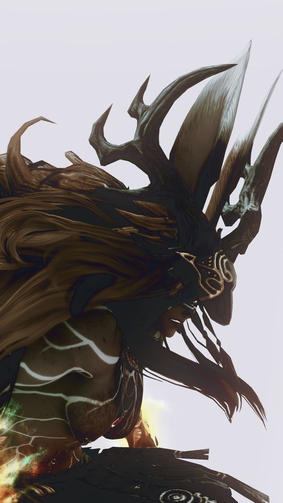 Baldr looks to the right, hunched over in a coiled stance again. His golden hair swirls wildly around him and he is snarling. He is wearing a black mask in a wolfish visage. The mask has lines of gold and dots between them. His antlers are their typical 4 pronged shape and dark gray. 