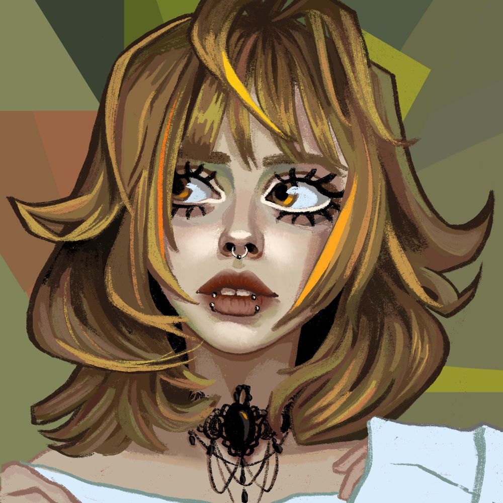 a portrait of a white girl with piercings and a gothic necklace in earthy tones