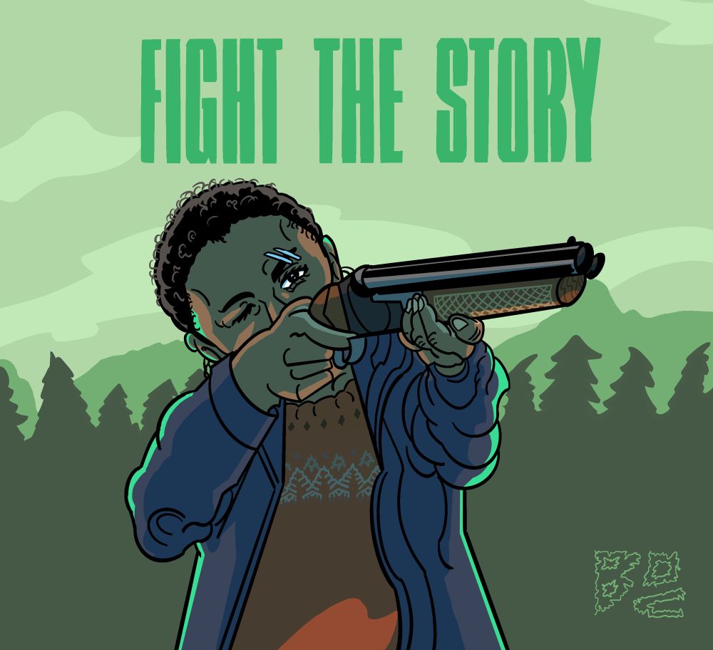 Saga Anderson from Alan Wake 2 holding a sawed-off shotgun at something off camera. The forests and mountains of Bright Falls stand behind her, as do the letters “FIGHT THE STORY” above both. 