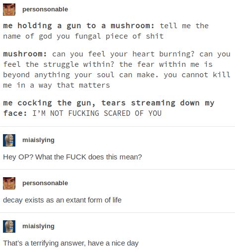 Reddit post:

Username personsonable:
me holding a gun to a mushroom: tell me the name of god you fungal piece of shit
mushroom: can you feel your heart burning? can you feel the struggle within? the fear within me is beyond anything your soul can make. you cannot kill me in a way that matters
me cocking the gun, tears streaming down my face: I'M NOT FUCKING SCARED OF YOU

Username 8 miaislying:
Hey OP? What the FUCK does this mean?

Username personsonable:
decay exists as an extant form of life

Username 2 miaislying:
That's a terrifying answer, have a nice day