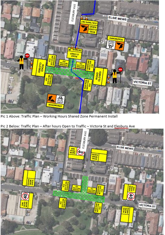An overview of a neighbourhood. You can see houses and roads and superimposed over the top is a traffic management plan for construction works. 