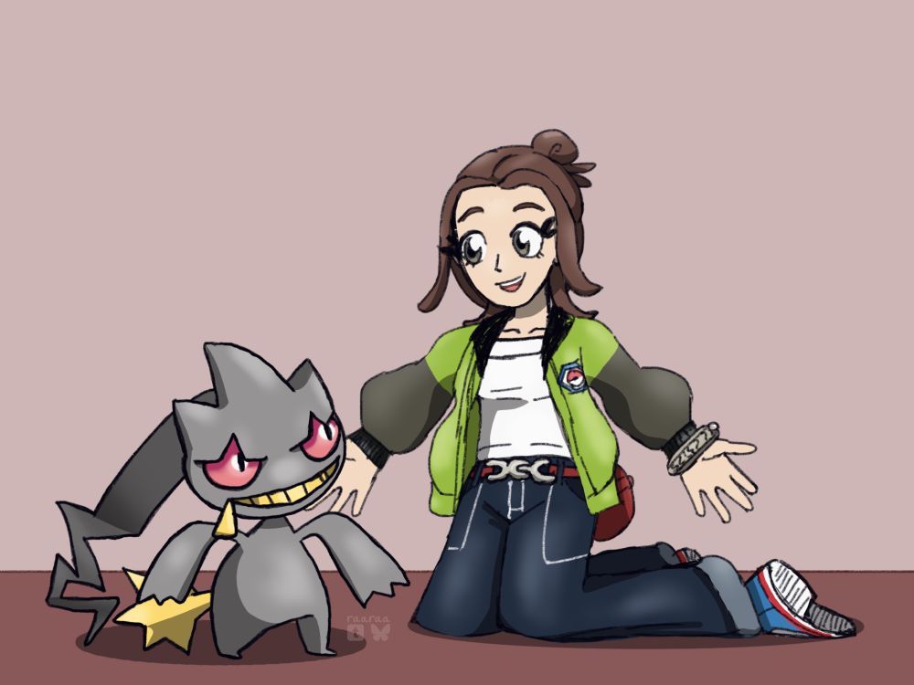 Digital drawing of the Pokémon Legends Z-A protagonist Harmony kneeling on the floor with her arms outstretched to the Pokémon before her, Banette. Harmony wears her green jacket, blue jeans, red belt, waist bag, and blue gym shoes while smiling warmly at Banette. Banette looks up at Harmony happily. The background has a dark pink floor and lighter pink wall. The artist’s signature “RaaRaa” is next to Banette with a Tumblr and BlueSky symbol.