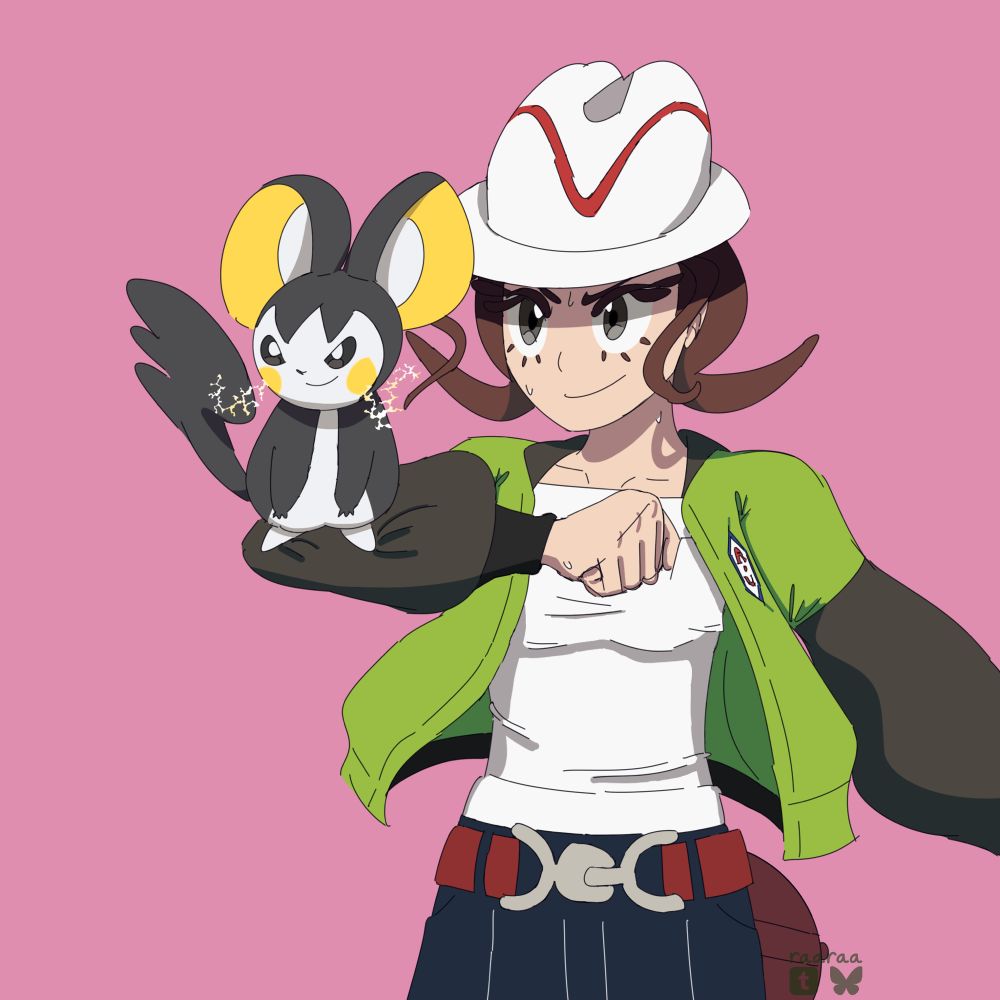 Digital drawing of the Pokémon Legends ZA protagonist Harmony and her Pokémon Emolga on a pink background. Harmony is sweating, the shadow of the brim of her hat dimming her eyes while she grins confidently. Perched on her raised arm is Emolga with a matched expression, cheeks glowing and sparking with electricity. The artist’s signature “RaaRaa” is on the bottom right corner with a Tumblr and BlueSky symbol. 