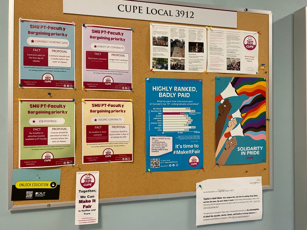 Blue poster is up on the CUPE 3912 board at SMU. There are more posters and brochures with info about the local or about bargaining priorities 