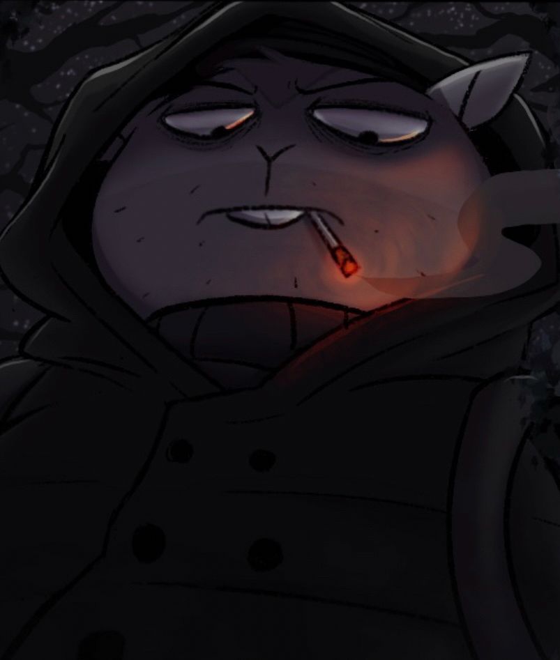 Panel of Icky, a grey squirrel, wearing a hood over his head and looking down with a lit cigarette in his mouth