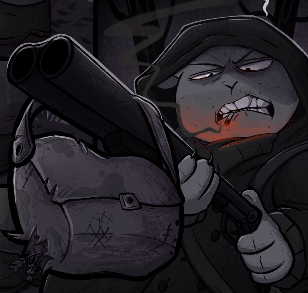 Panel of Icky holding up a dirty old satchel with the barrel of a shotgun, looking at it disgusted, cigarette gritted in his teeth.