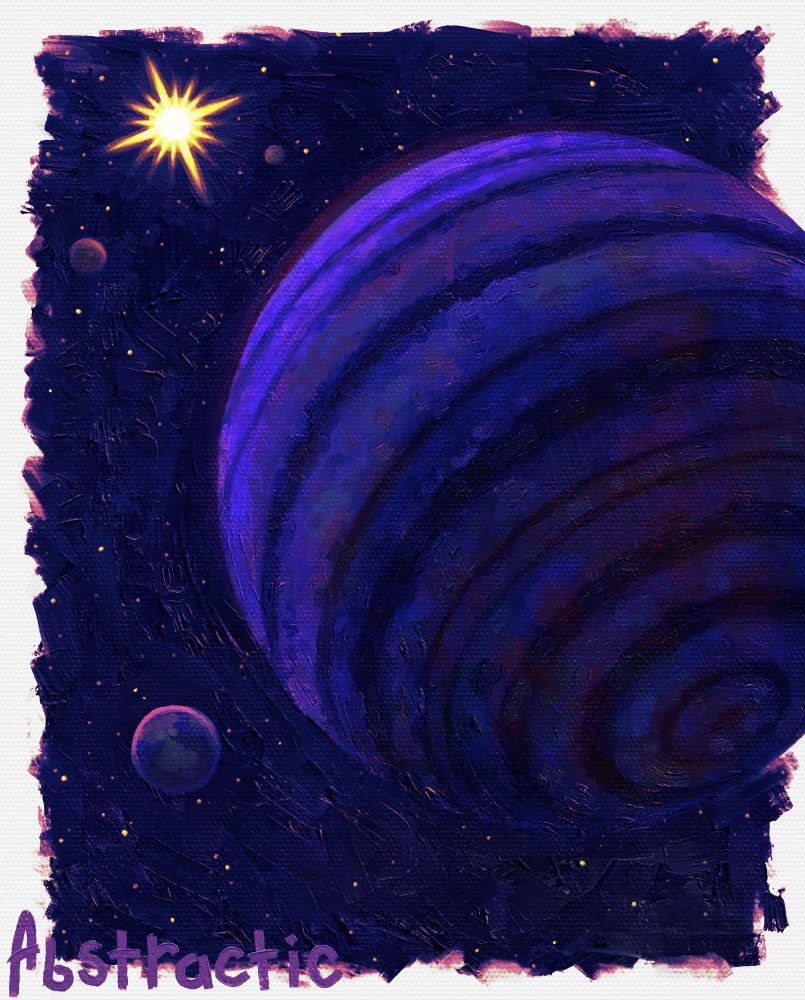 Painterly digital artwork of a large striped blue gas giant on a crash course with earth. The sun is shining in the top left of the image, and you can barely see Venus and Mercury orbiting the sun.