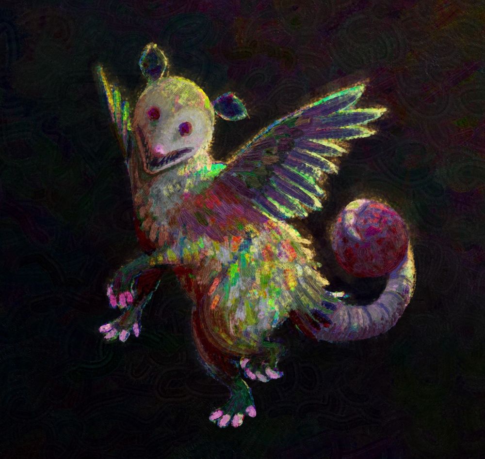 Colorful artwork of a somewhat creepy winged opossum holding a sphere with its tail and flying 