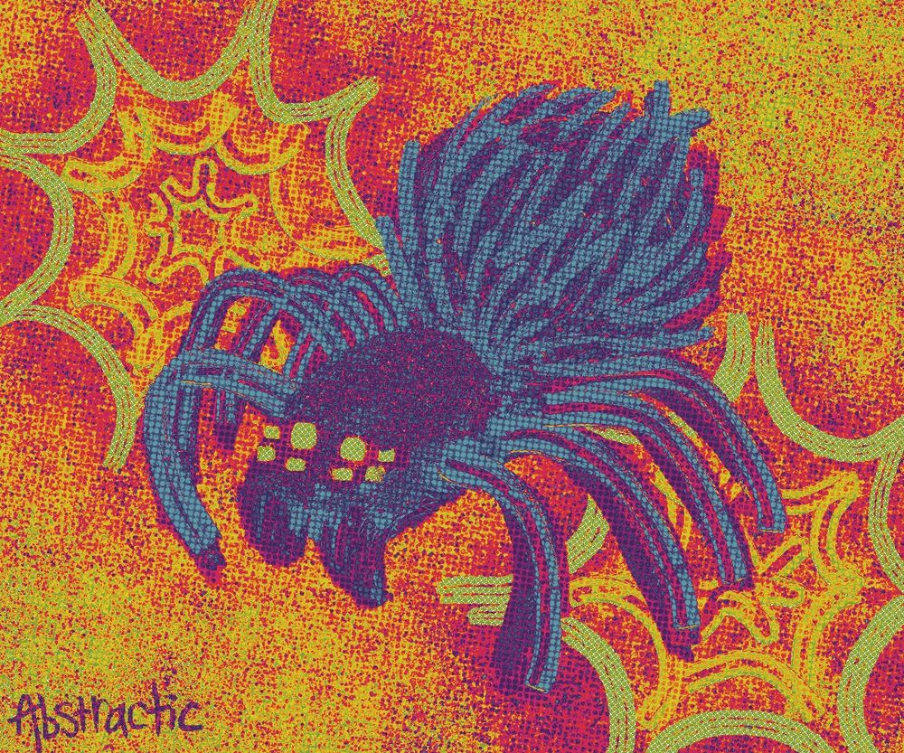 A very colorful artwork of a tarantula in front of two webs. The background is yellow and magenta, while the spider is cyan and purple.