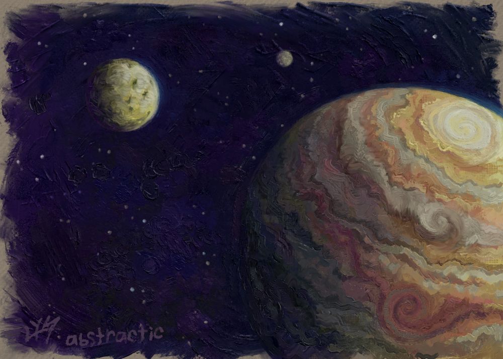 A digital acrylic painting of Jupiter (to the right) and two of its moons (to the left) in a dark blue outer space