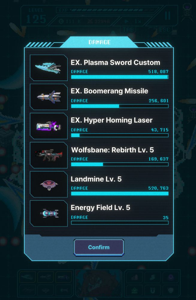 Final damage stats for 6 weapons showing Landmine outperforming all of the super weapons.