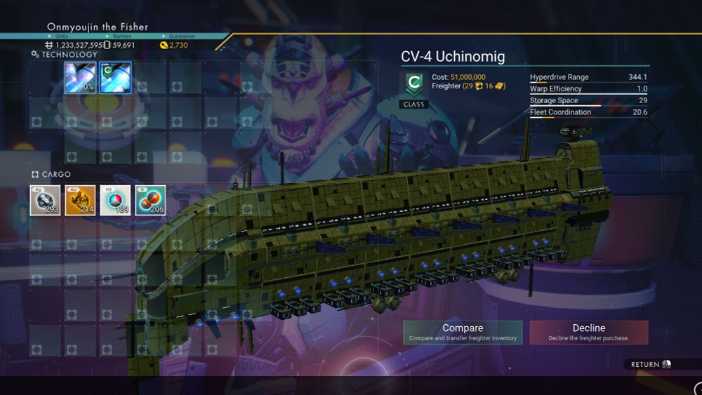 A very large freighter-class spaceship with a Class C rating in No Man's Sky