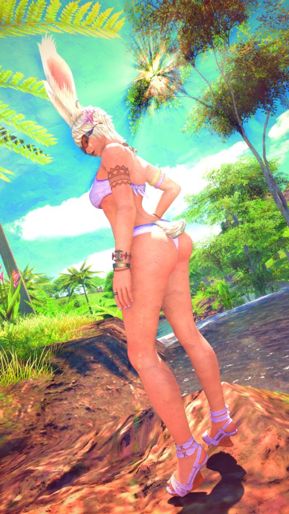 A female Viera with short blonde hair posing in a swimsuit