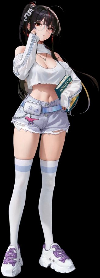 An anime girl with glasses holding a book about dinosaurs