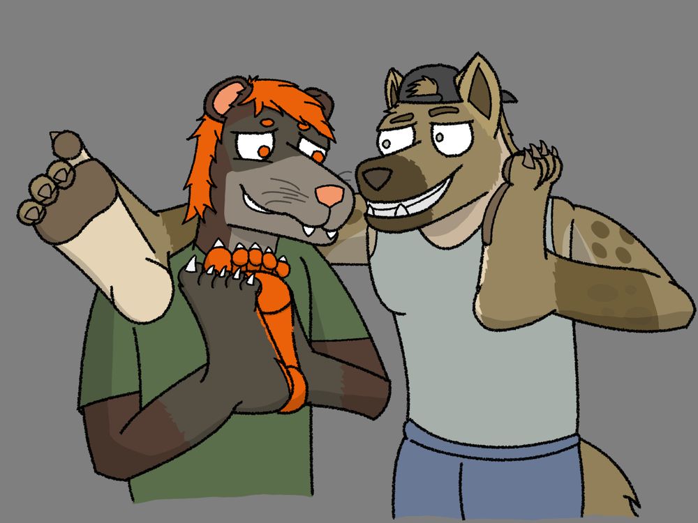 a hyena with pawhands teases Spike, who also has pawhands