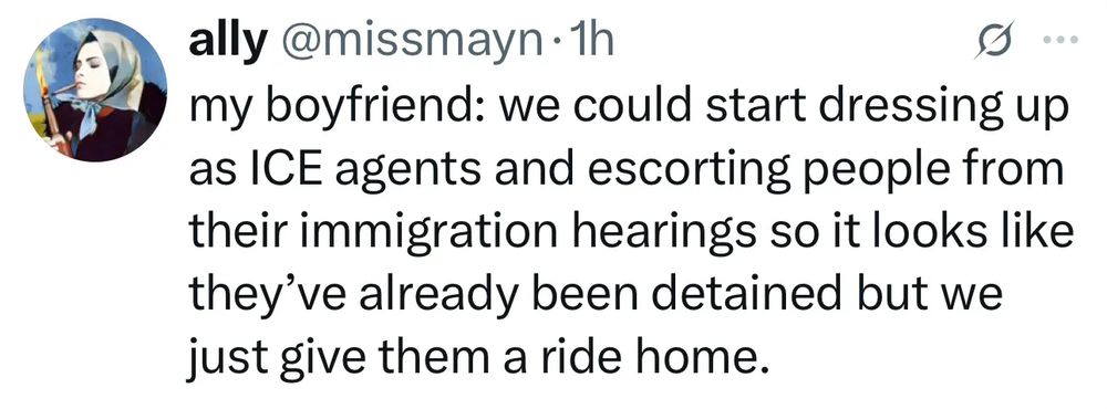 Social media post by ally @missmayn "My boyfriend: we could start dressing up as ICE agents and escorting people from their immigration hearings so it looks like they've already been detained but we just give them a ride home."