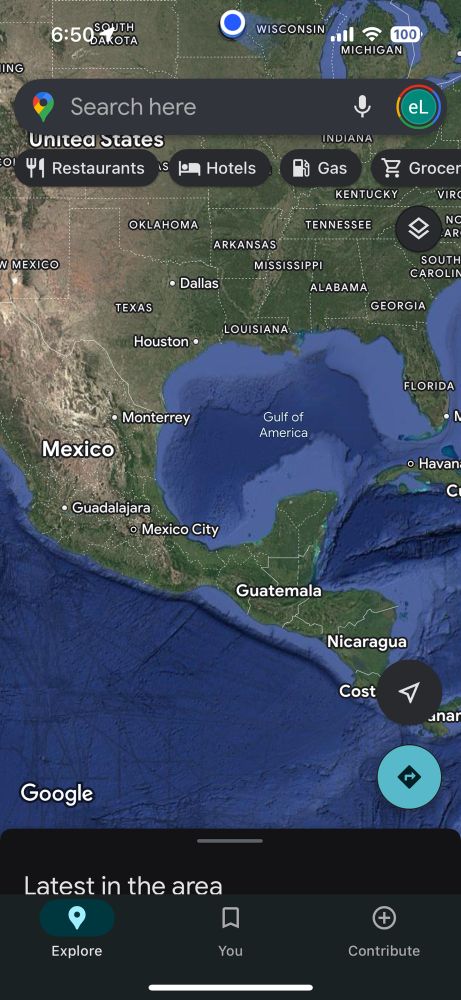 A screenshot from google maps where “The Gulf of Mexico” is labeled “The Gulf of America.”