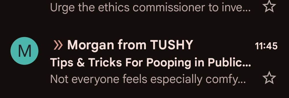 Screenshot of an email in my inbox. The sender is "Morgan from Tushy" 

The subject line is "Tips & Tricks for pooping in public...".  On my phone screen that's all that shows for the subject, lol
