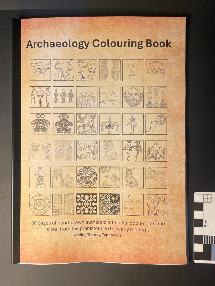 A4 brown paper cover of book with small square inages that are too small to identify but are various archaeology artefacts and the text archaeology colouring book