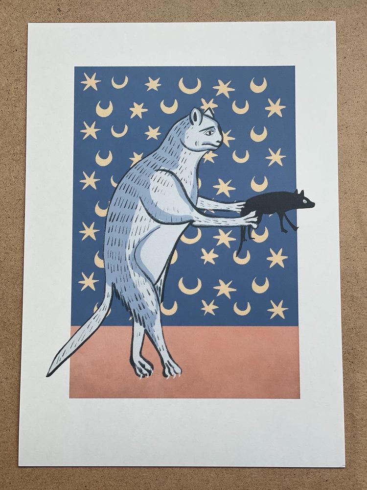 Medieval cat holding black mouse on blue background of stars and moons