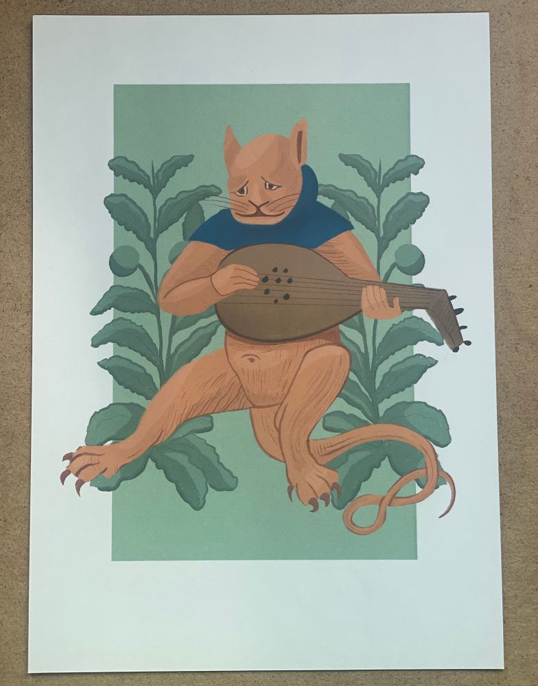 Orange cat plays lute surrounded by green foliage