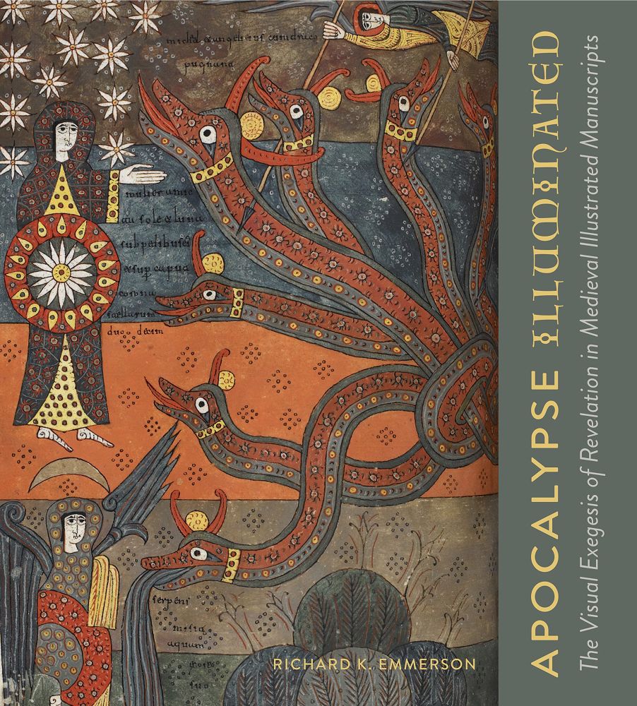 Book cover of illuminates manuscript with multiheaded snake monster and the title apocalyse illuminated by richard e emmerson