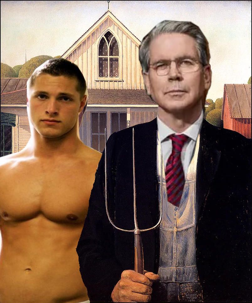 bad photoshop of Scott Bessent into "American Gothic"