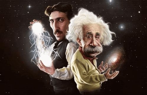 a drawing of einstein and nikola tesla holding lightning bolts