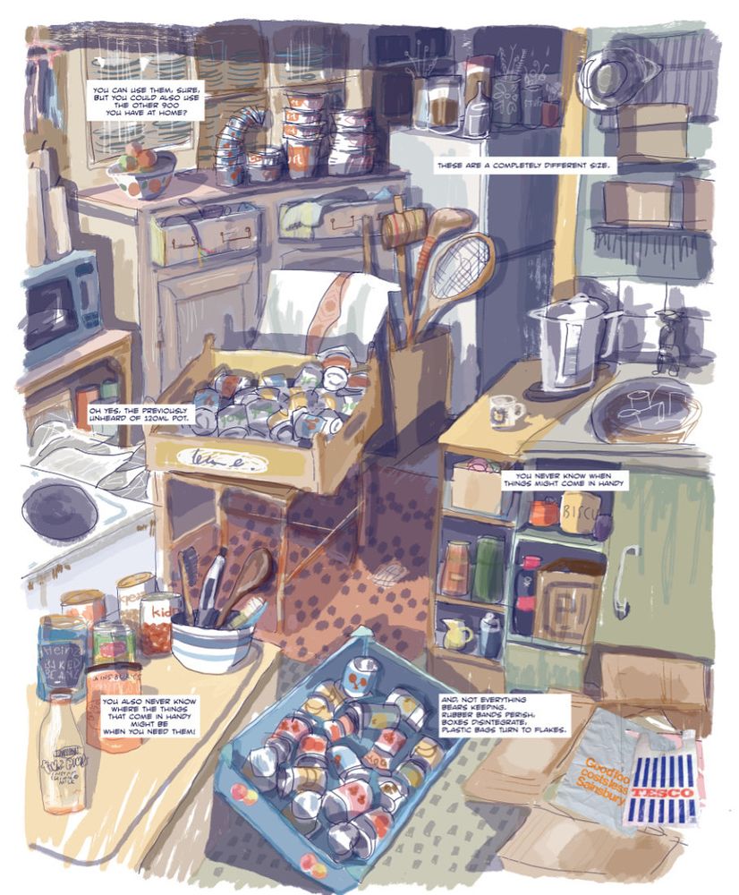 A cluttered kitchen drawn by Myfanwy Tristram 