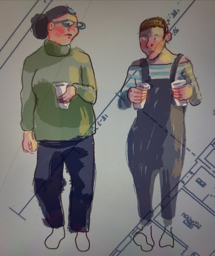 A digital drawing of two women walking while holding coffee cups, superimposed onto an architect’s plan.