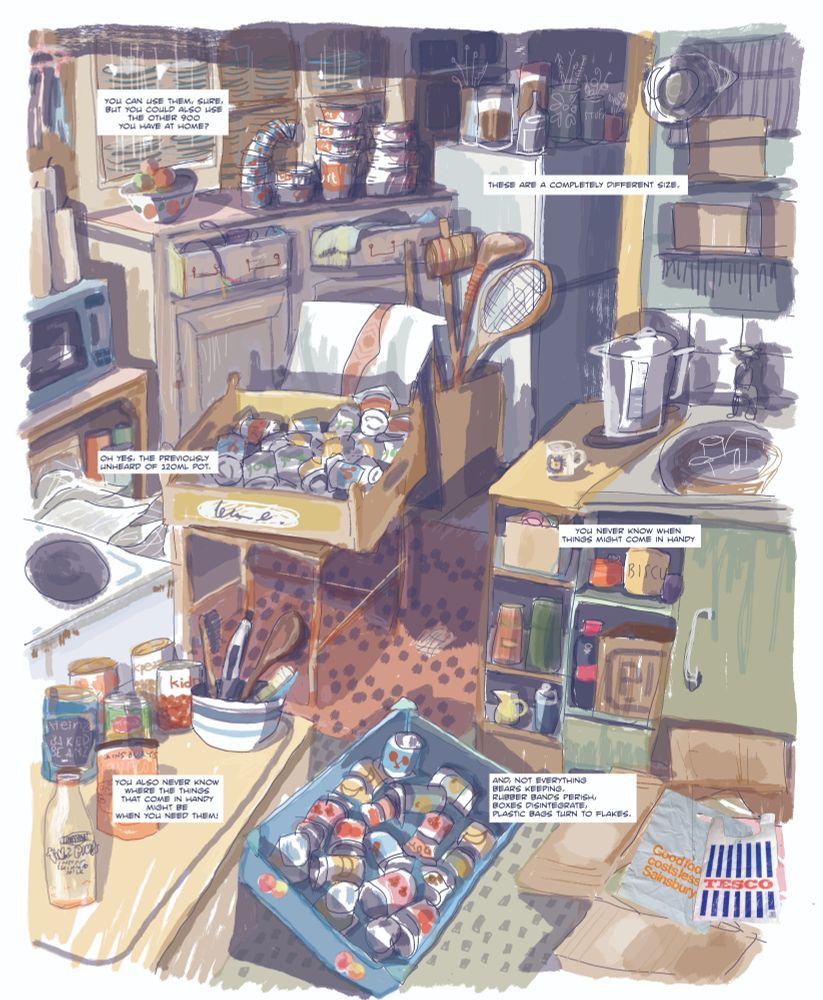A page from Myf Tristram's comic "Running Out", showing a cluttered kitchen containing a collection of empty yoghurt pots and plastic bags.