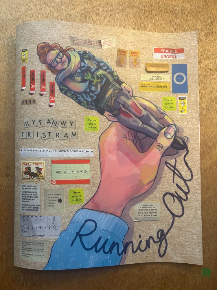 Cover of “Running Out” by Myfanwy Tristram. A hand holds a pen that is actually the author.