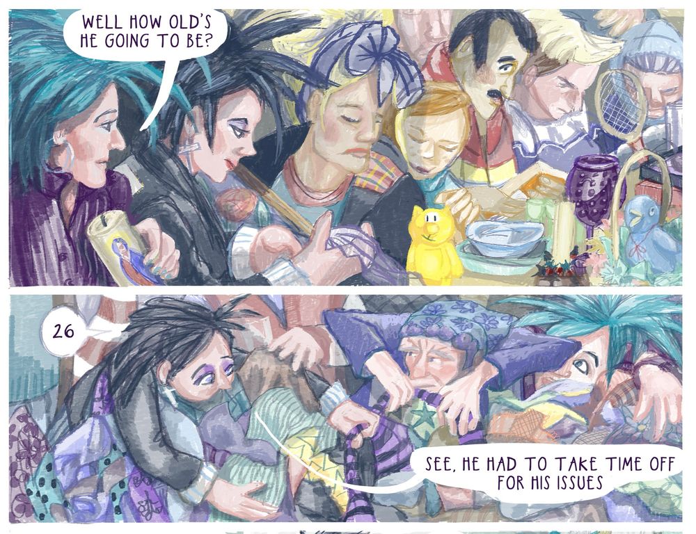 A page from Satin and Tat, a graphic memoir by Myfanwy Tristram, showing teenage goths at a jumble sale