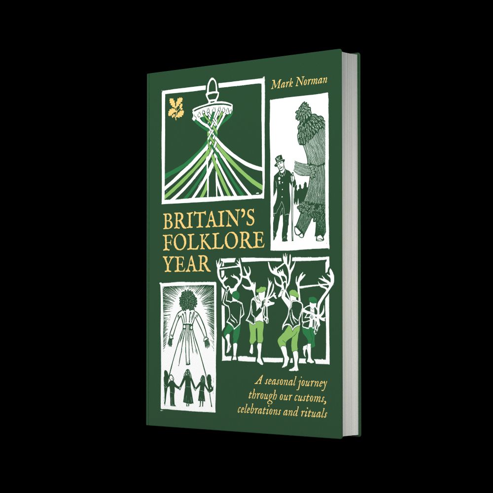 Britain's Folklore Year book cover, featuring linocut art of folk traditions
